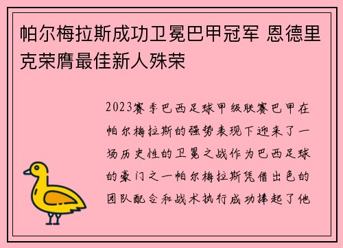 帕尔梅拉斯成功卫冕巴甲冠军 恩德里克荣膺最佳新人殊荣
