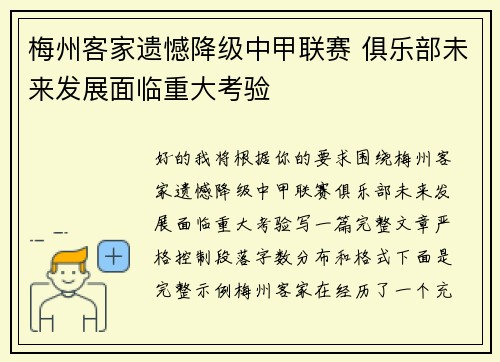 梅州客家遗憾降级中甲联赛 俱乐部未来发展面临重大考验