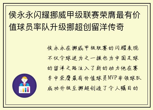 侯永永闪耀挪威甲级联赛荣膺最有价值球员率队升级挪超创留洋传奇 侯永永闪耀挪威甲级联赛荣膺最有价值球员率队升级挪超创留洋传奇